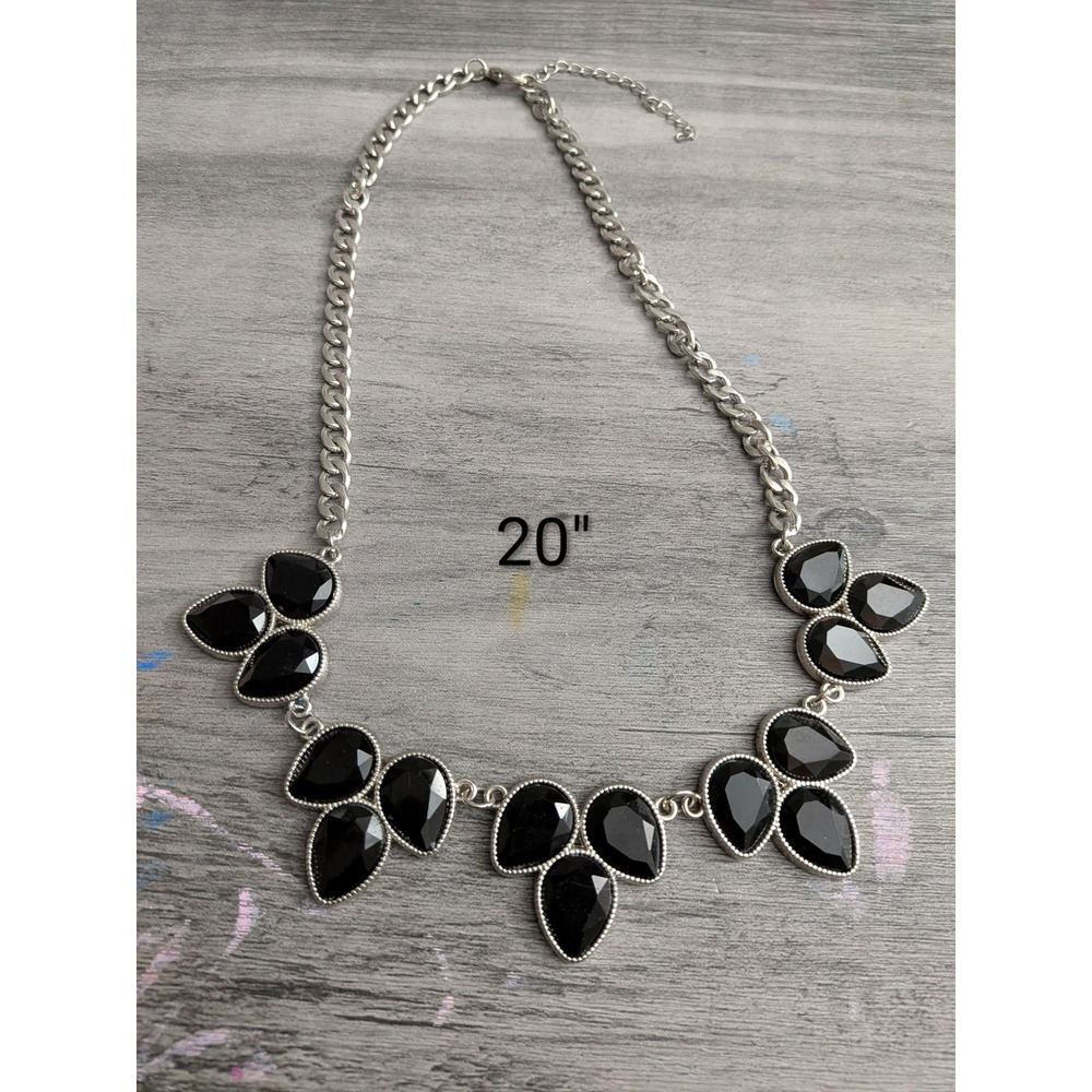 Silver Tone Black Teardrop Stone Bib Statement Necklace 20 Inch
